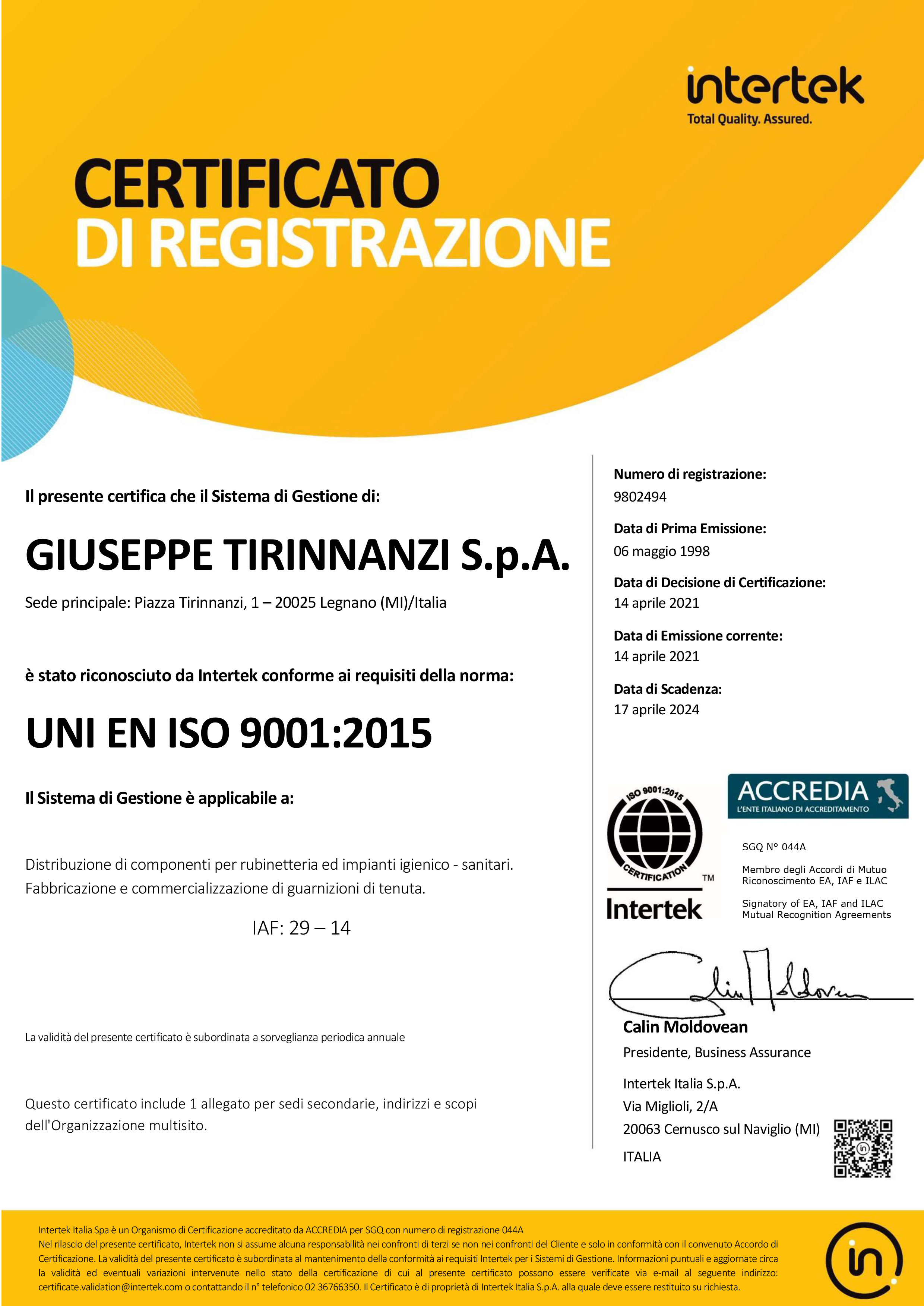 certificato di registrazione